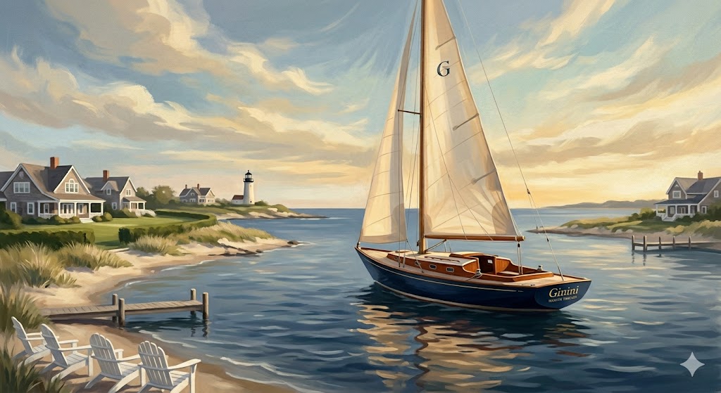 The Ginini — a private sailboat departing a Hamptons harbour at first light